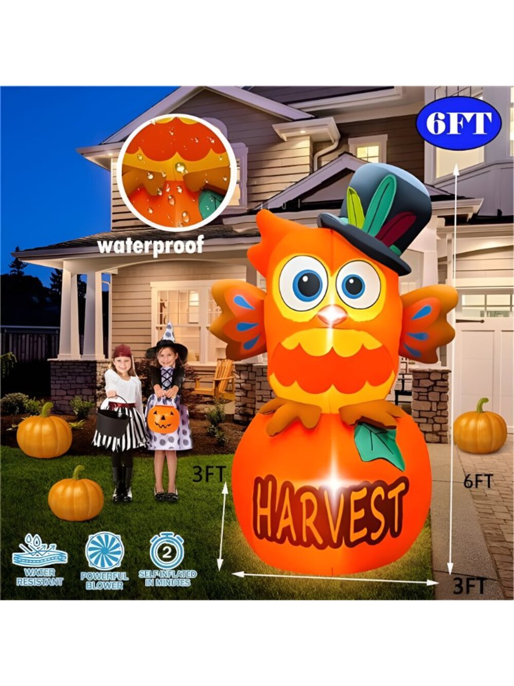 6 FT Thanksgiving Inflatables Owl on Pumpkin, LED Light Fall Inflatables - Picture 4 of 7